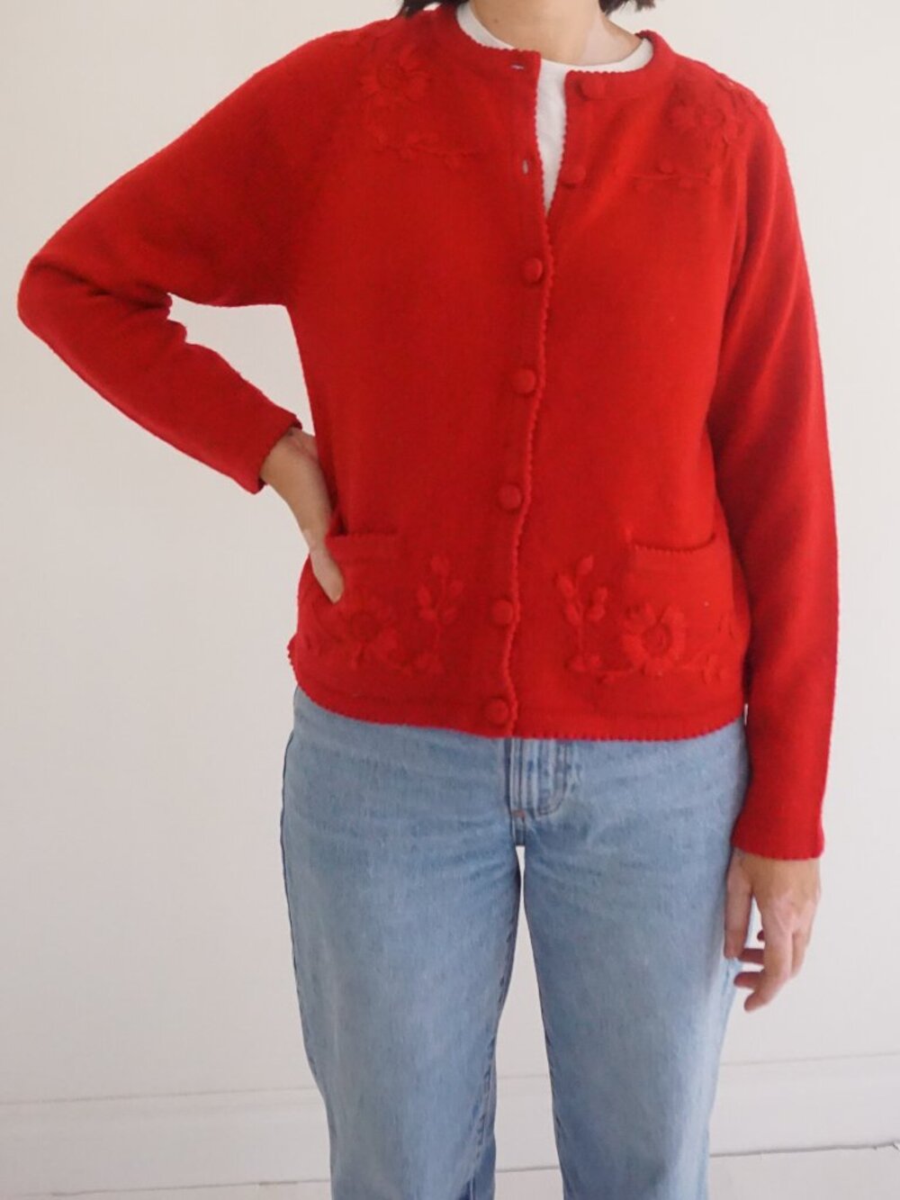 Vintage Karen Scott Red Floral Embroidered Button Knit Cottagecore Cardigan S